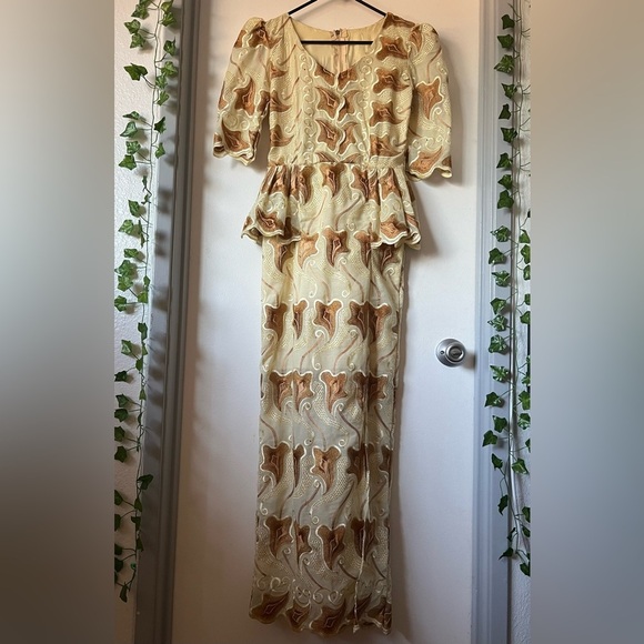 Handmade Dresses & Skirts - Handmade elegant women’s special occasion peplum gown in brown yellow Size S